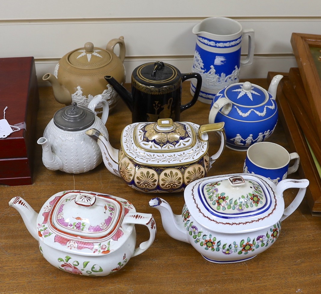 Two 19th century Copeland teapots, jug and mug, together with five other 19th century teapots, tallest jug 18cms high